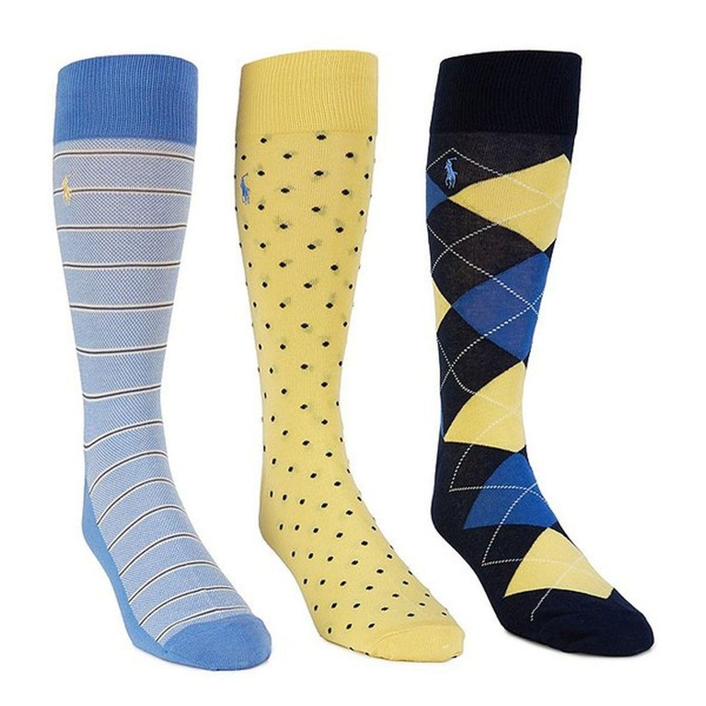 Polo Ralph Lauren Mens SZ XL 3 Pack Argyle Polka Dot Striped Dress Socks